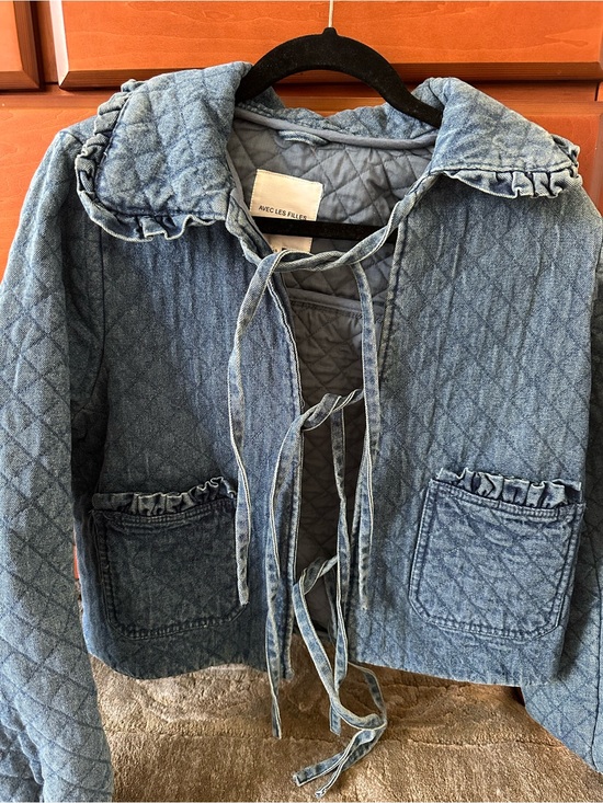 Avec Les Filles Jackets & Blazers - Avec Les Filles Quilted Denim Jacket with Ruffle Collar in Light Blue